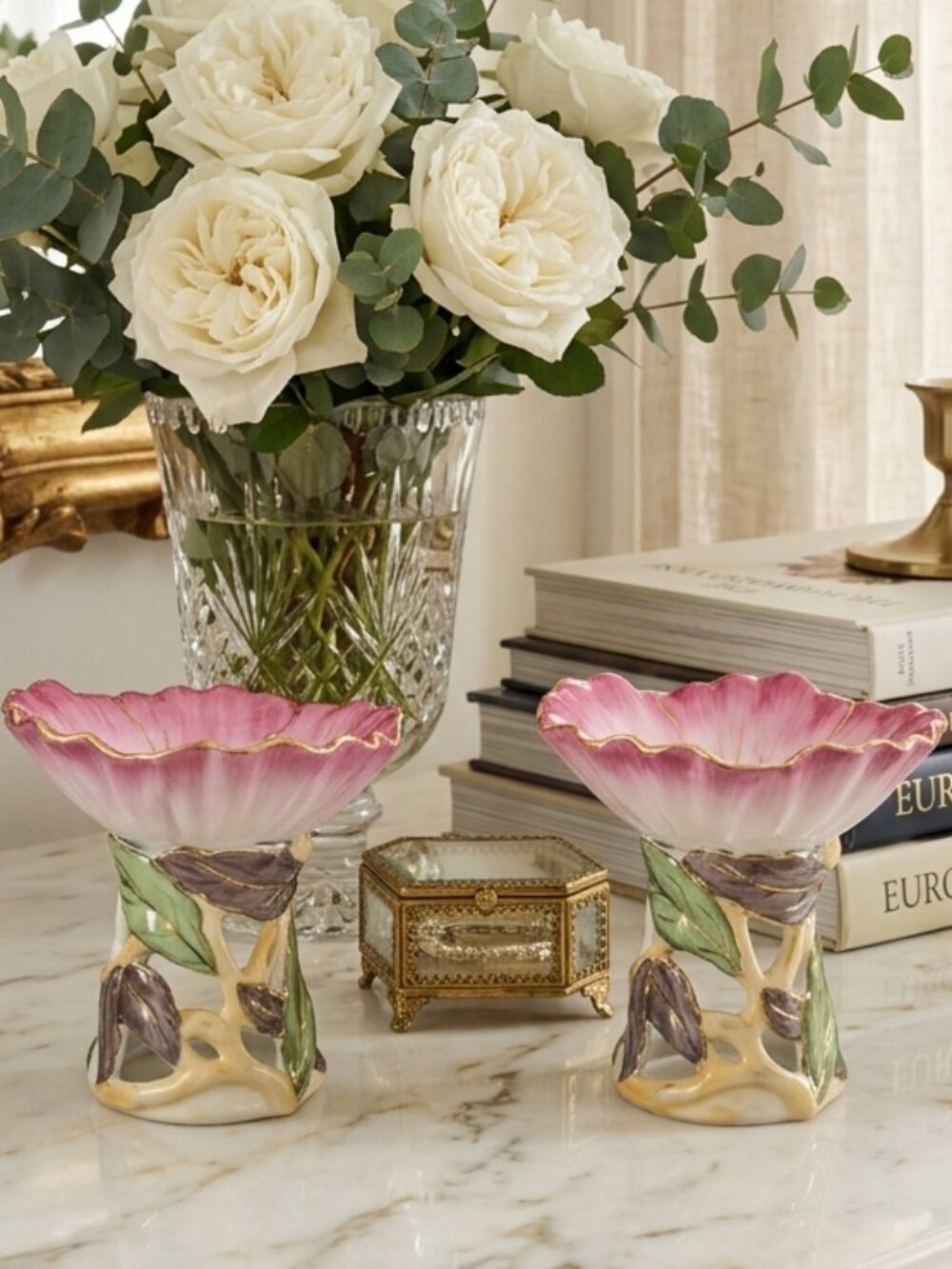 Hand Painted Floral Glazed Ceramic Wax Melt Warmers Set 2 Pink Gold New - Picture 8 of 8